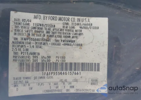 2004 Ford Taurus Ses из США, поврежденный, VIN 1FAFP55S44G157661